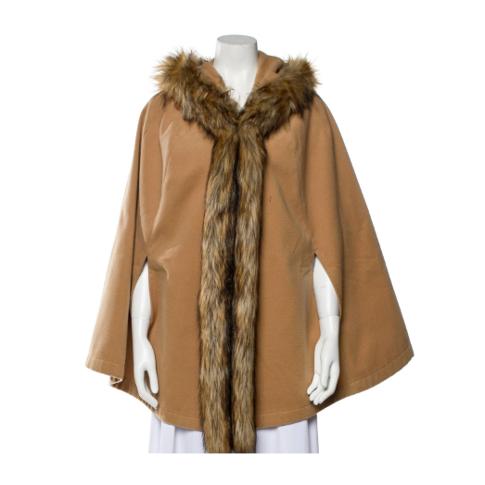 FABULOUS FURS Donna Salyers Faux Fur Tan Hooded Cape Coat Hook Closure Size L/XL